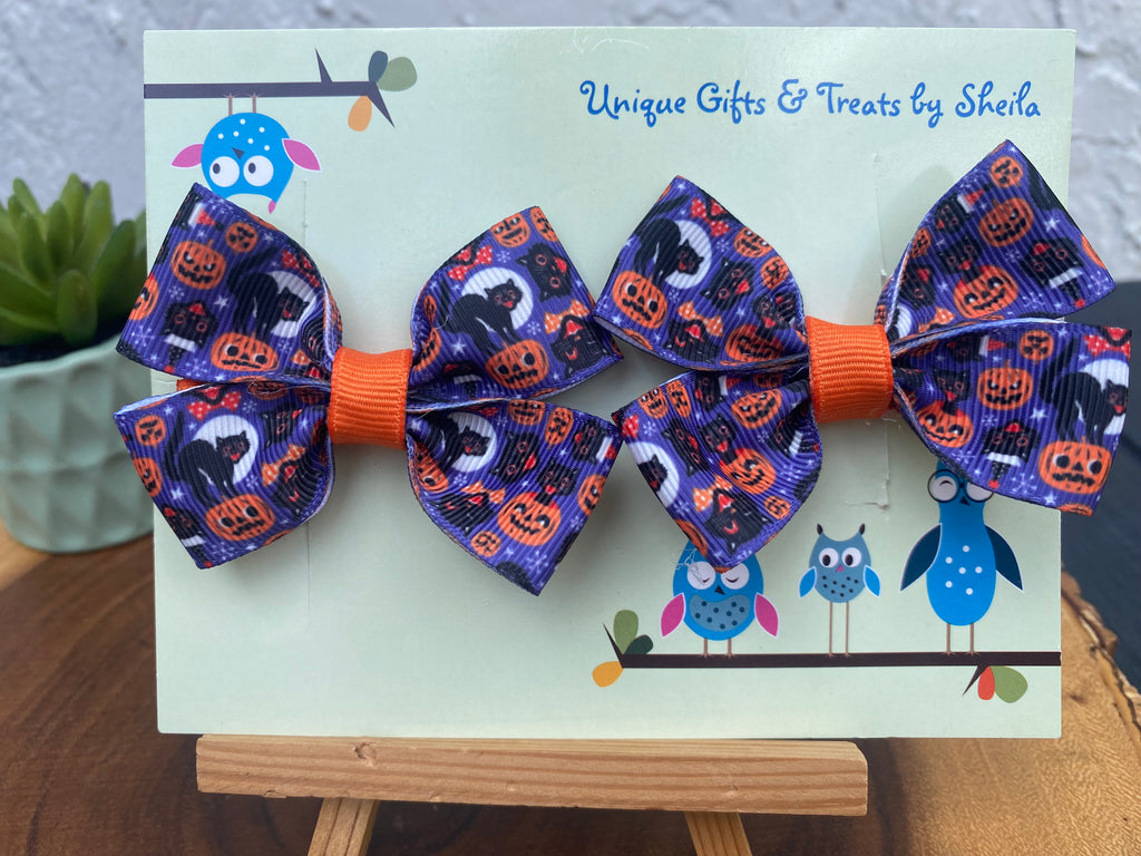 Retro Halloween Hairbows; Black Cat and Pumpkin Hairbows