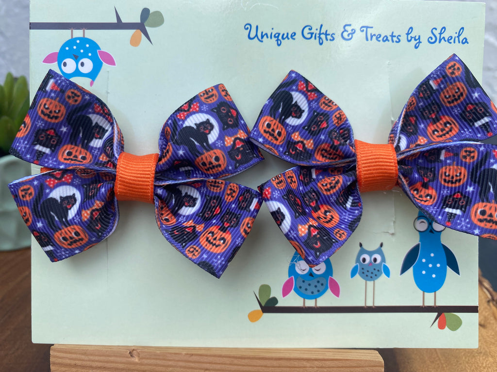 Retro Halloween Hairbows; Black Cat and Pumpkin Hairbows