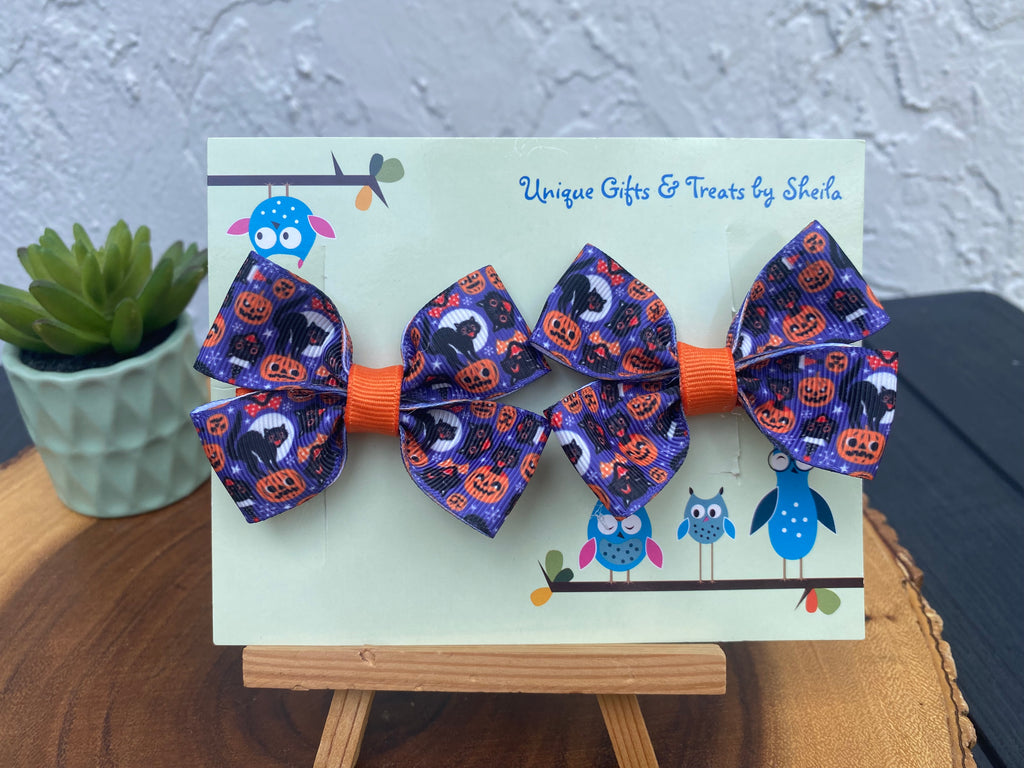 Retro Halloween Hairbows; Black Cat and Pumpkin Hairbows